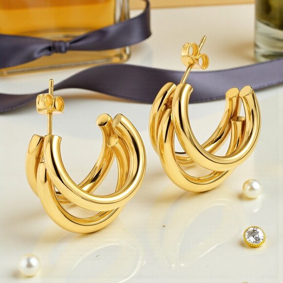 π Modern Muse Triple Hoop Timeless Earrings 18K Gold Plated Stainless Steel - Picture 5 of 10